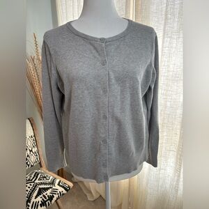 Land’s End Light Gray Button-Front Crewneck Cardigan Cotton
